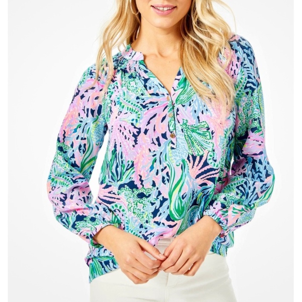 Lilly Pulitzer Elsa 100% Silk Blue Pink Coral Reef Print LS Blouse WMs Large EUC